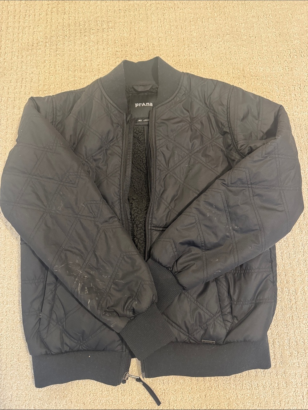 Prana Men's Black Quilted Bomber Jacket with Sherpa Lining